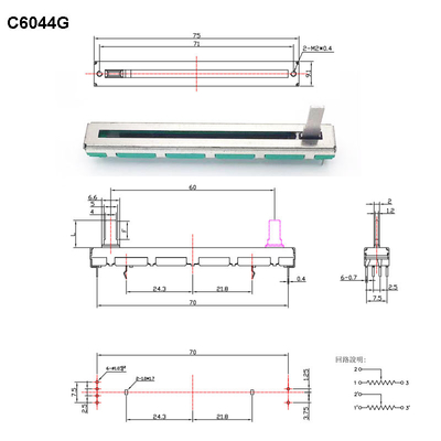 C6044G Doppio potenziometro Potenziometro a scorrimento con pellicola in carbonio 60mm Potenziometro stereo lineare da viaggio 5K 10K