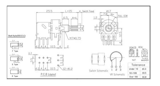 Vaso DPDT della resistenza variabile del potenziometro rotativo 0.2W della manopola 10k del PWB